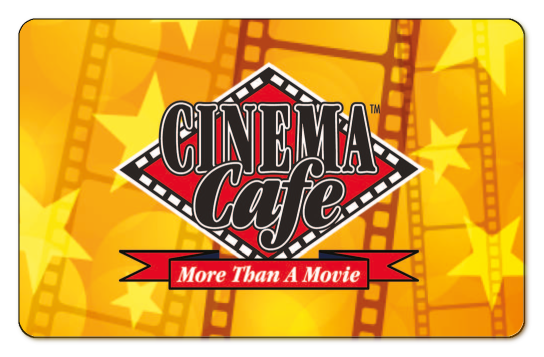 cinema cafe red and black logo on a yellow background with strips of film and stars